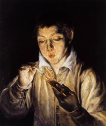 A Boy Blowing on an Ember to Light a Candle 